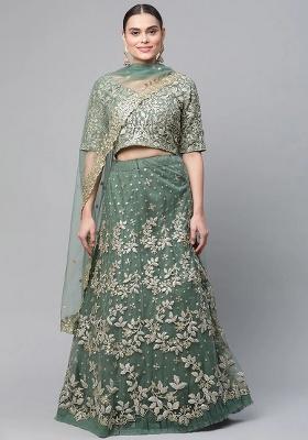 Green Embroidery Net Lehenga Set