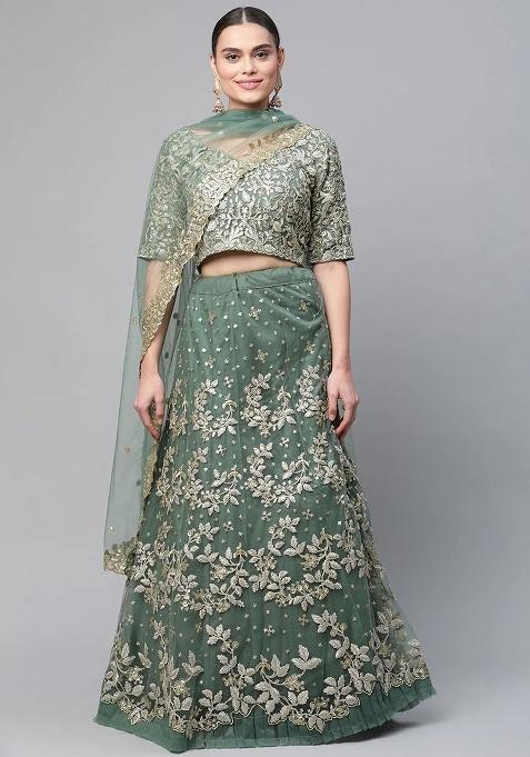 Green Embroidery Net Lehenga Set