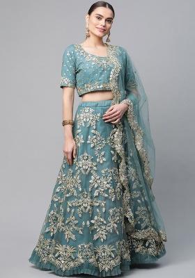 Turquoise Embroidery Net Lehenga Set