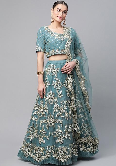 Turquoise Embroidery Net Lehenga Set — view on Indya
