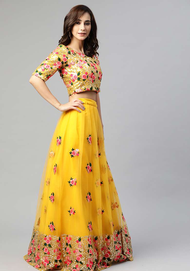 Yellow Embroidery Net Lehenga Set for Diwali and Festive Wear - Indya