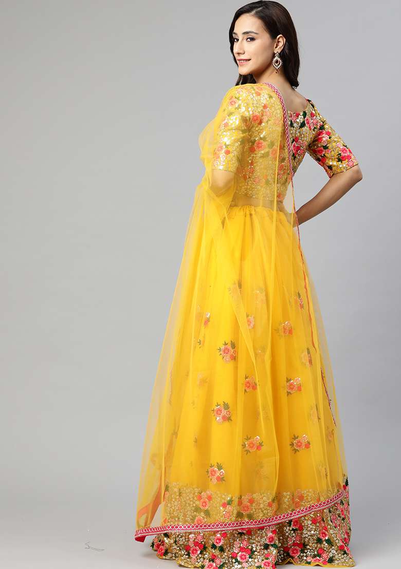 Yellow Embroidery Net Lehenga Set for Diwali and Festive Wear - Indya