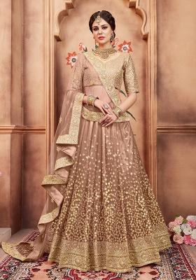 Brown Embroidery Net Lehenga Set