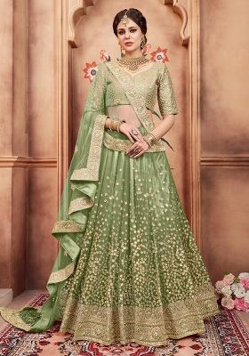 Green Embroidery Net Lehenga Set