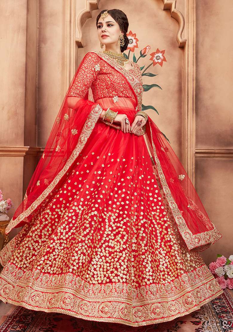 Red Embroidery Net Lehenga Set for Diwali and Festive Wear - Indya