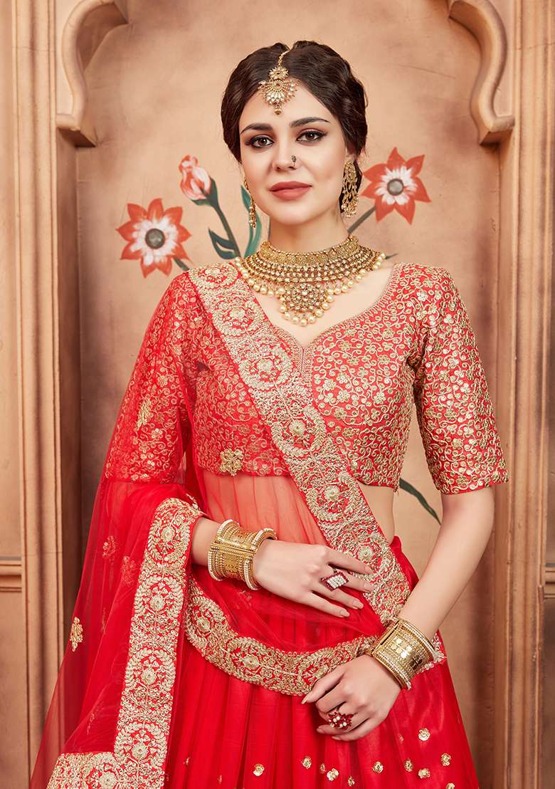 Red Embroidery Net Lehenga Set for Diwali and Festive Wear - Indya