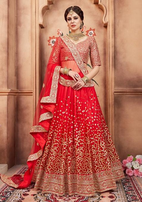Red Embroidery Net Lehenga Set — view on Indya