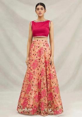 Peach Embroidery Net Lehenga Set