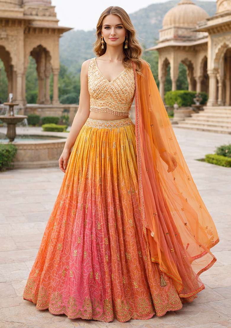 Orange Organza Lehenga Set with Embroidery for Diwali | Wedding & Festive Wear - Indya