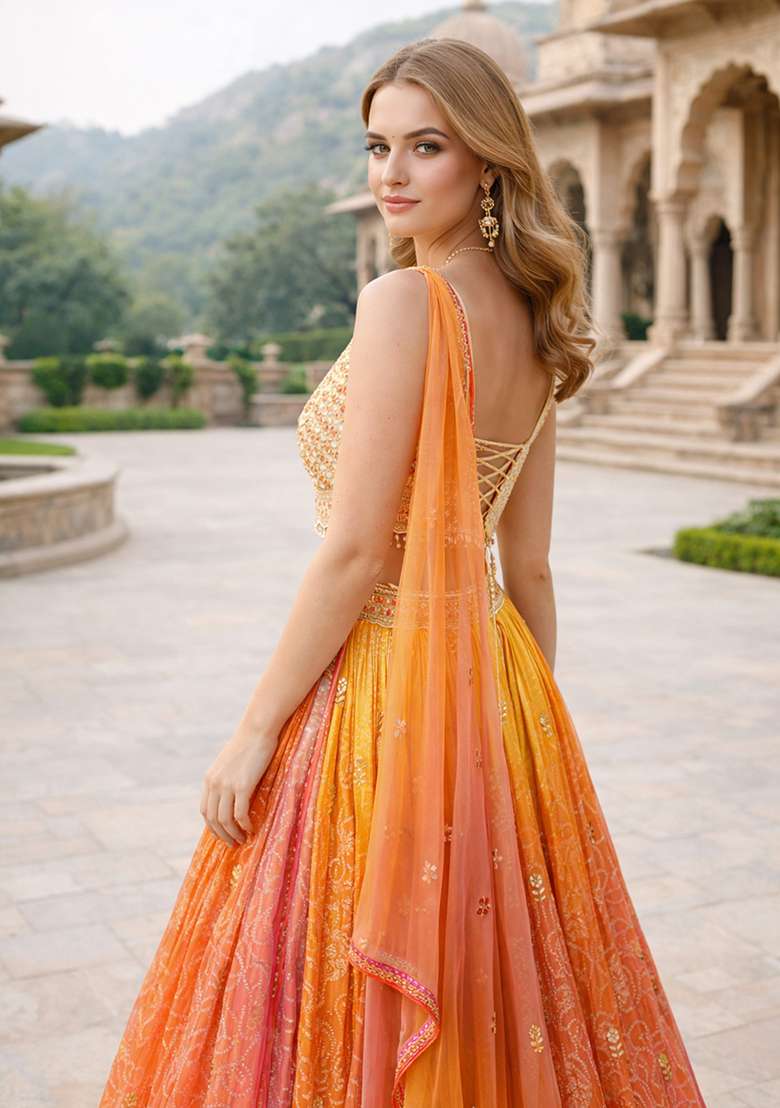 Orange Organza Lehenga Set with Embroidery for Diwali | Wedding & Festive Wear - Indya