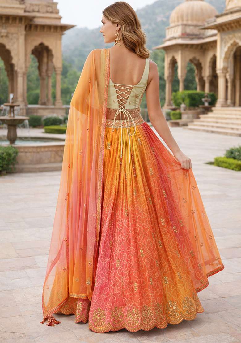 Orange Organza Lehenga Set with Embroidery for Diwali | Wedding & Festive Wear - Indya