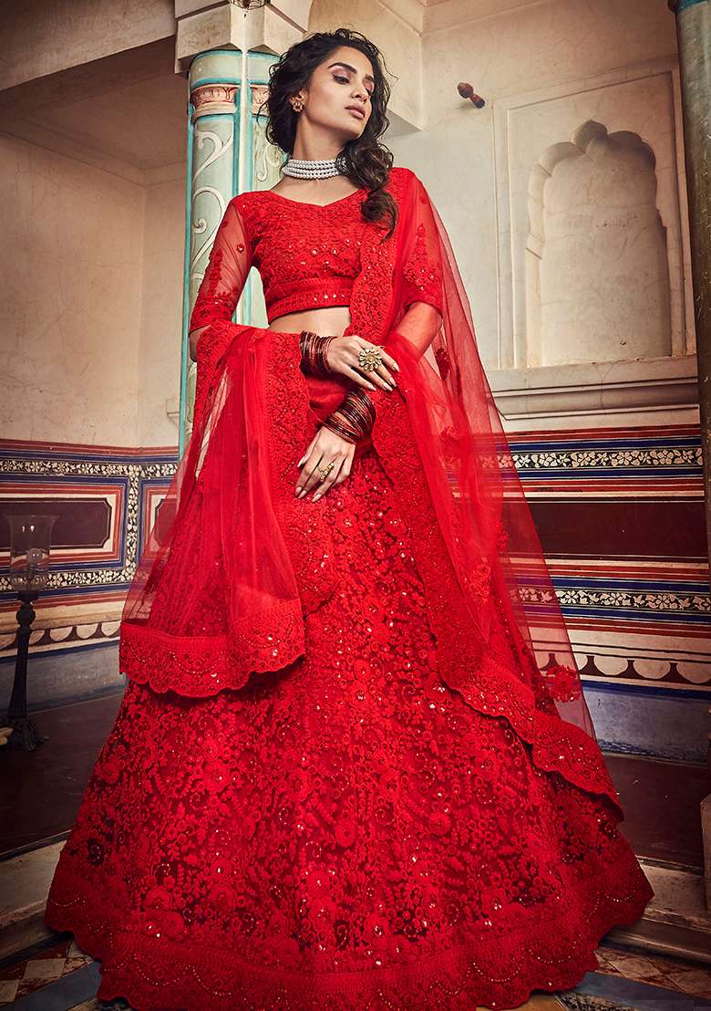 Red Net Lehenga Set with Embroidery for Diwali | Wedding & Festive Wear - Indya