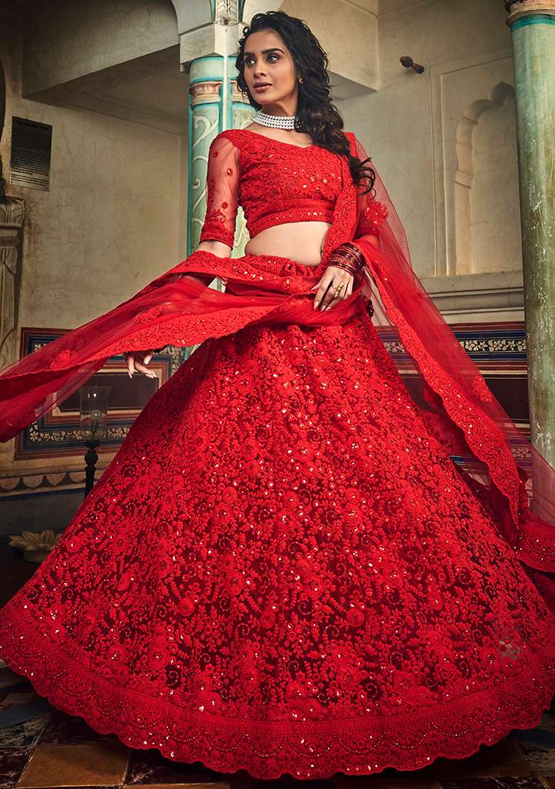 Red Net Lehenga Set with Embroidery for Diwali | Wedding & Festive Wear - Indya