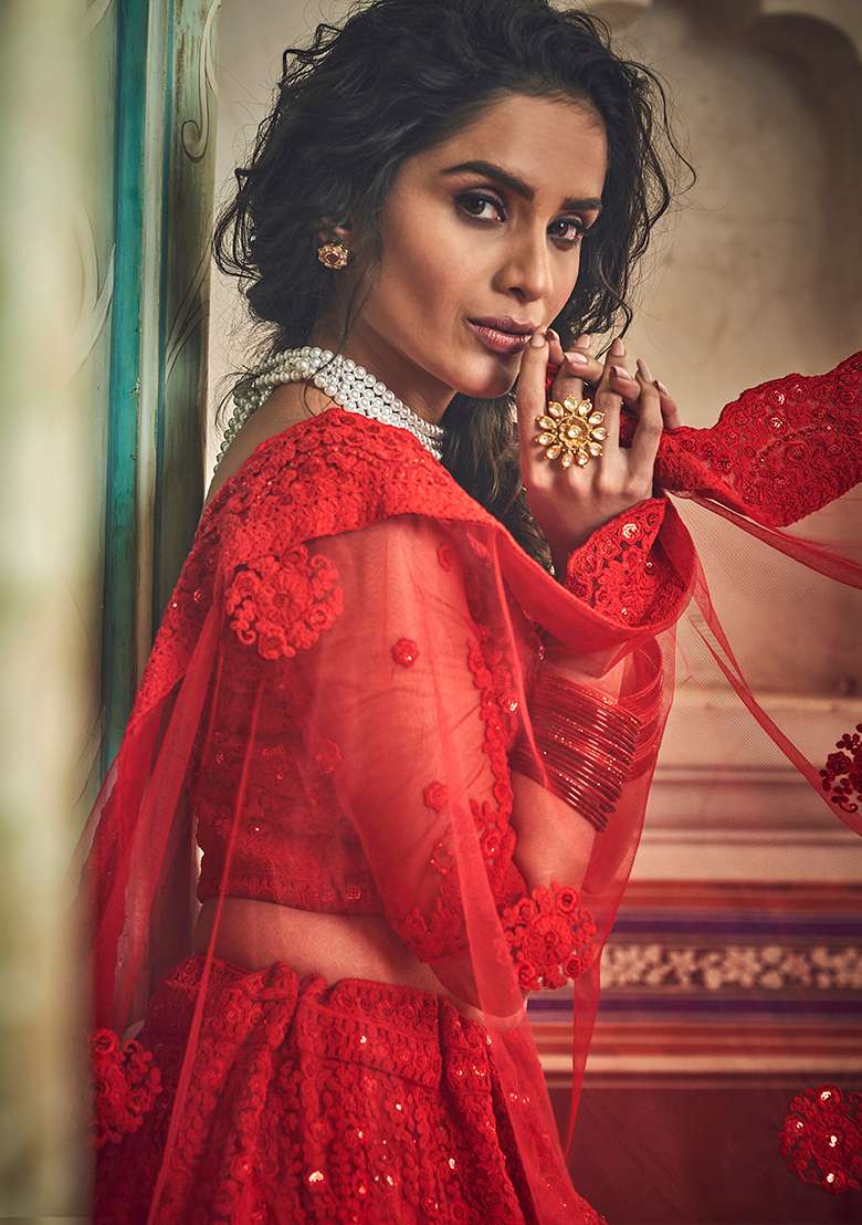 Red Net Lehenga Set with Embroidery for Diwali | Wedding & Festive Wear - Indya