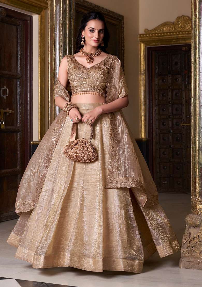 Beige Gold Crush Lehenga Set with Embroidery for Diwali | Wedding & Festive Wear - Indya