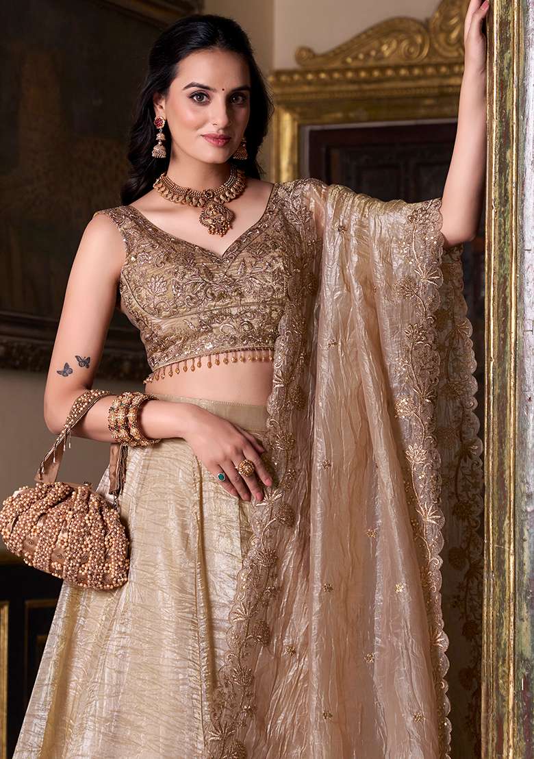 Beige Gold Crush Lehenga Set with Embroidery for Diwali | Wedding & Festive Wear - Indya