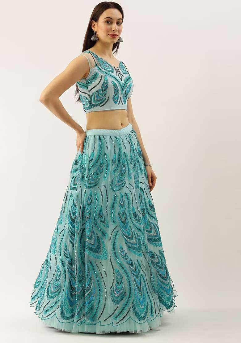 Sky Blue Embroidery Net Lehenga Set for Diwali and Festive Wear - Indya