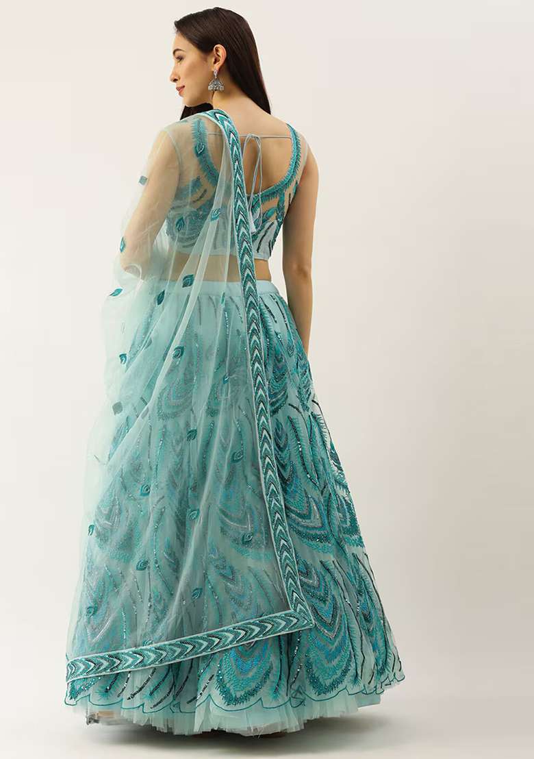 Sky Blue Embroidery Net Lehenga Set for Diwali and Festive Wear - Indya