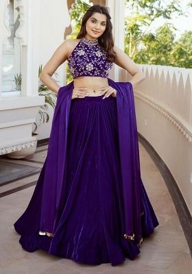 Purple Embroidery Velvet Lehenga Set
