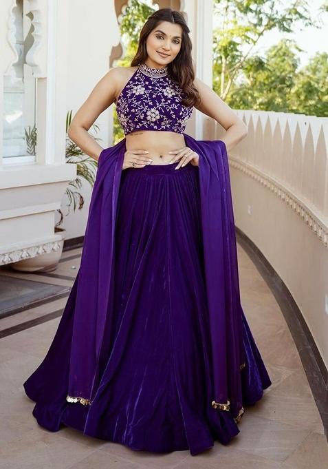 Purple Embroidery Velvet Lehenga Set — view on Indya