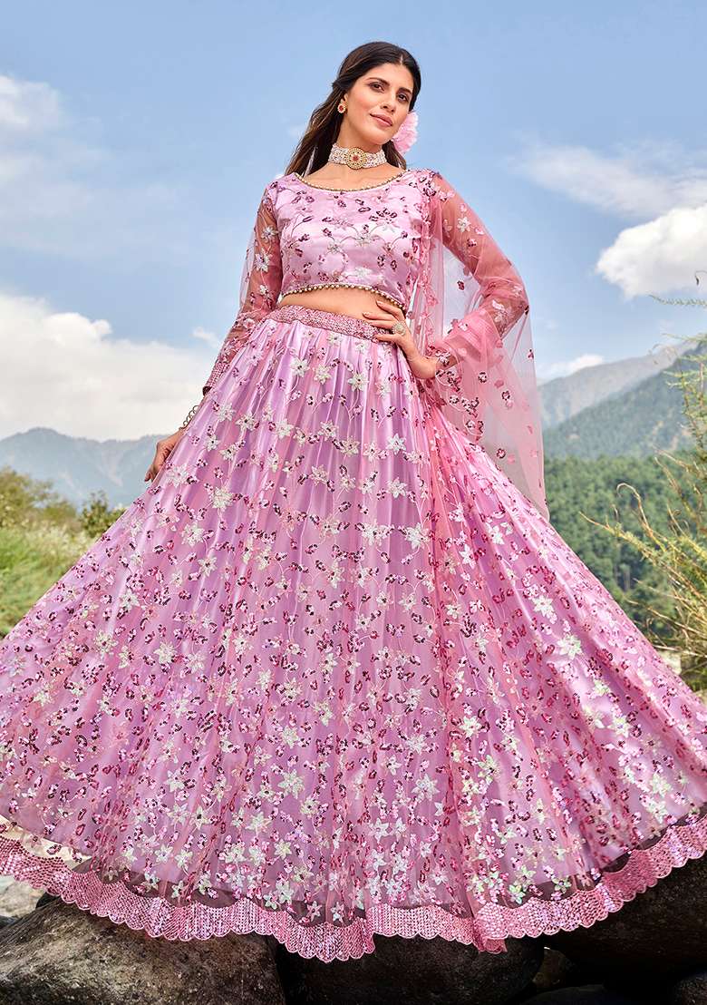 Lavender Embroidery Net Lehenga Set for Diwali and Festive Wear - Indya