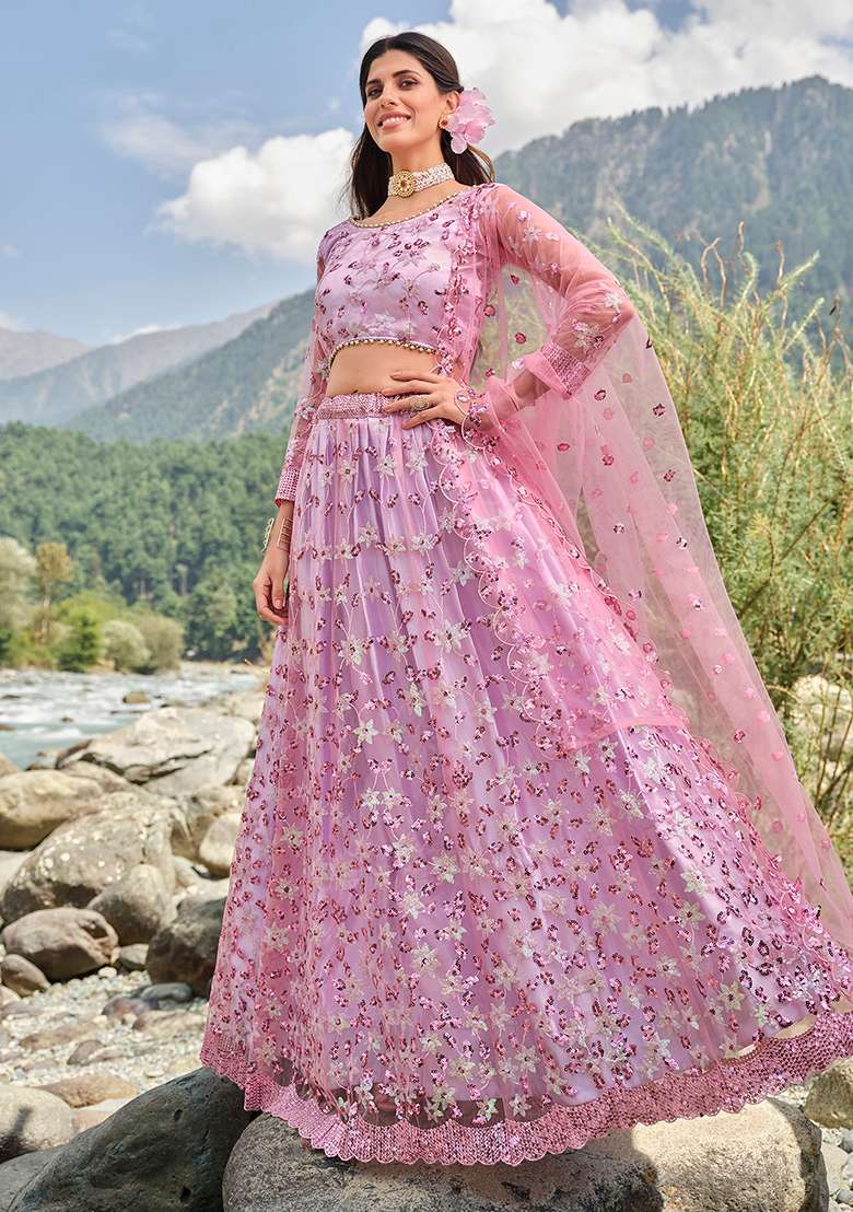 Lavender Embroidery Net Lehenga Set for Diwali and Festive Wear - Indya