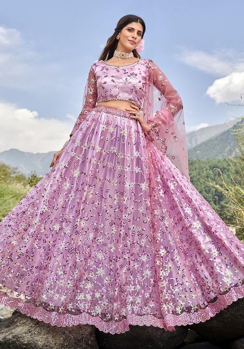 Lavender Embroidery Net Lehenga Set