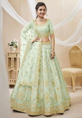 Pista Green Embroidery Silk Lehenga Set