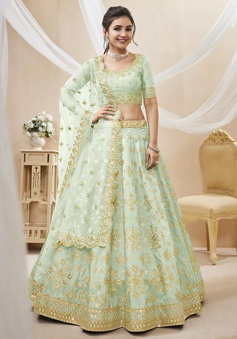 Pista Green Embroidery Silk Lehenga Set — view on Indya