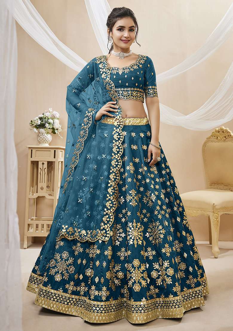 Blue Silk Blend Lehenga Set with Embroidery for Diwali | Wedding & Festive Wear - Indya