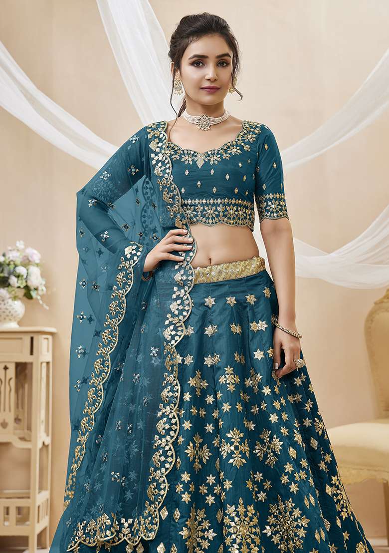 Blue Silk Blend Lehenga Set with Embroidery for Diwali | Wedding & Festive Wear - Indya
