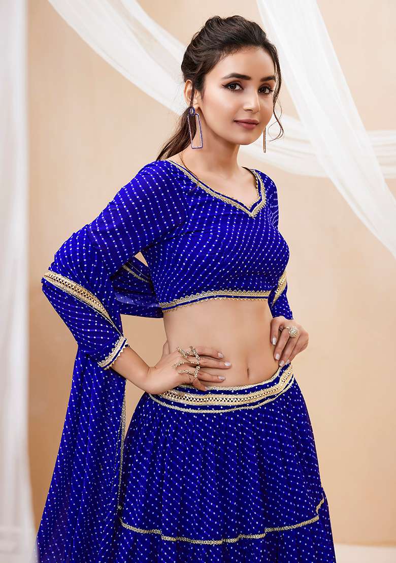 Blue Embroidery Georgette Lehenga Set for Diwali and Festive Wear - Indya