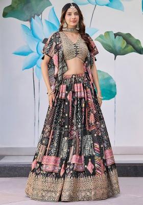 Black Embroidery Chinon Lehenga Set