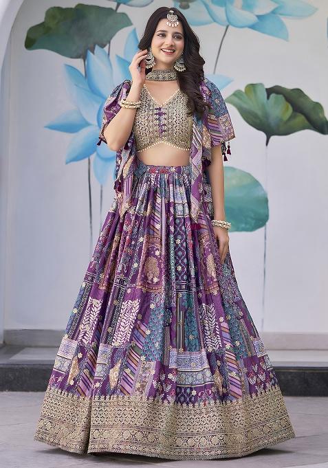 Purple Embroidery Chinon Lehenga Set — view on Indya