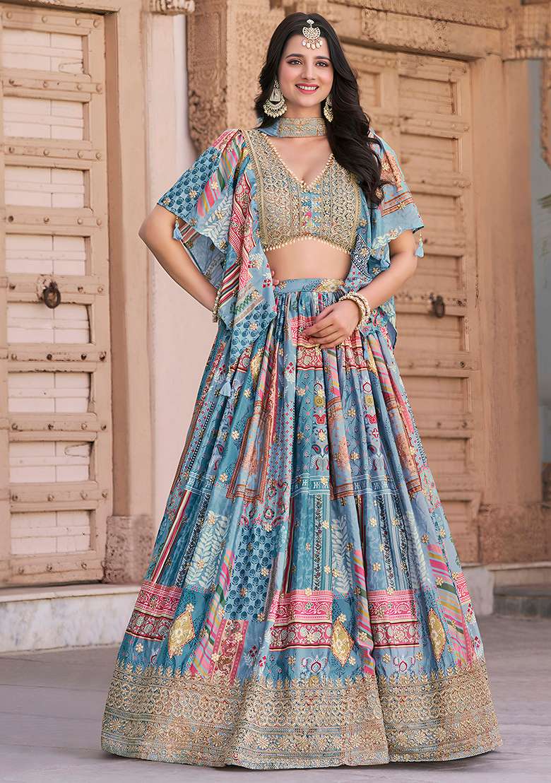 Sky Blue Embroidery Chinon Lehenga Set for Diwali and Festive Wear - Indya