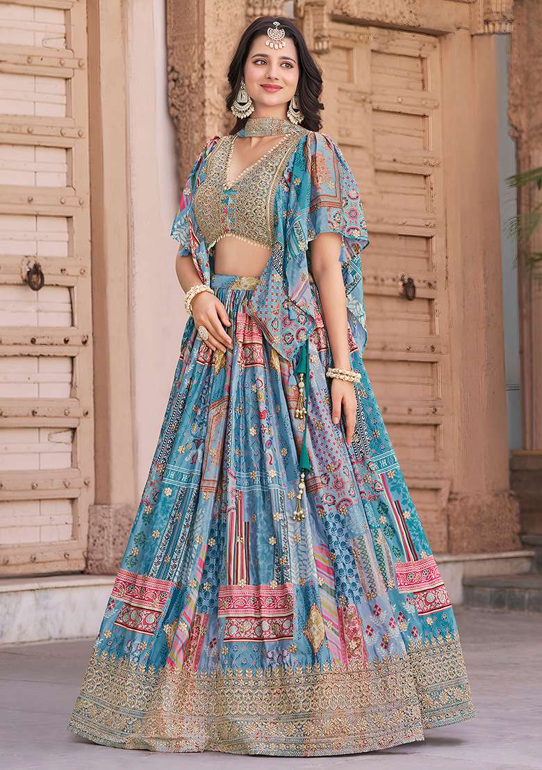 Sky Blue Embroidery Chinon Lehenga Set for Diwali and Festive Wear - Indya