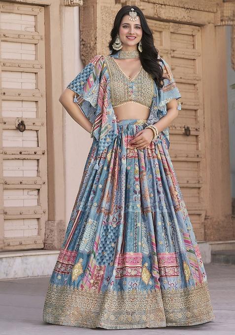 Sky Blue Embroidery Chinon Lehenga Set