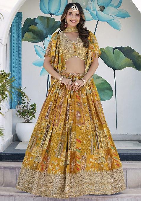 Yellow Embroidery Chinon Lehenga Set — view on Indya