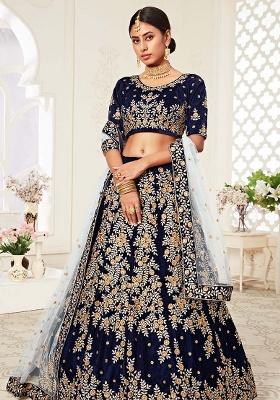 Navy Blue Embroidery Velvet Lehenga Set