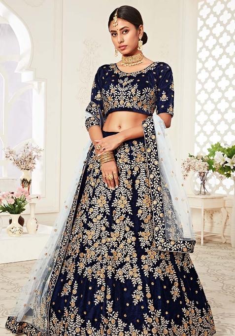 Navy Blue Embroidery Velvet Lehenga Set