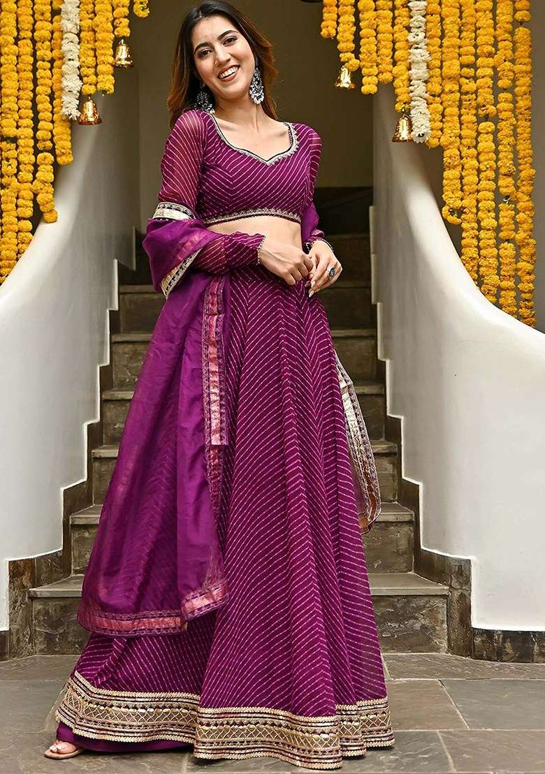 Purple Georgette Lehenga Set with Embroidery for Diwali | Wedding & Festive Wear - Indya