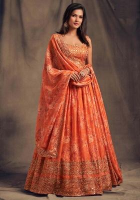 Orange Embroidery Organza Lehenga Set