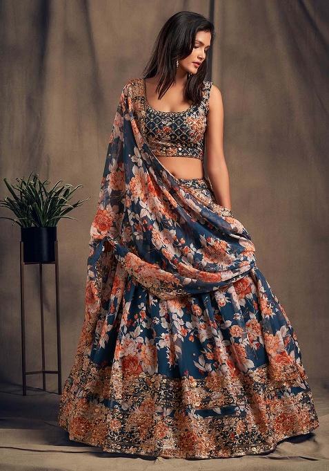 Blue Embroidery Organza Lehenga Set
