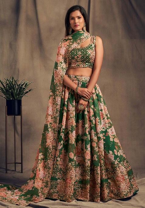 Green Embroidery Organza Lehenga Set