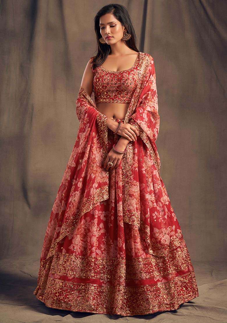 Red Embroidery Organza Lehenga Set for Diwali and Festive Wear - Indya