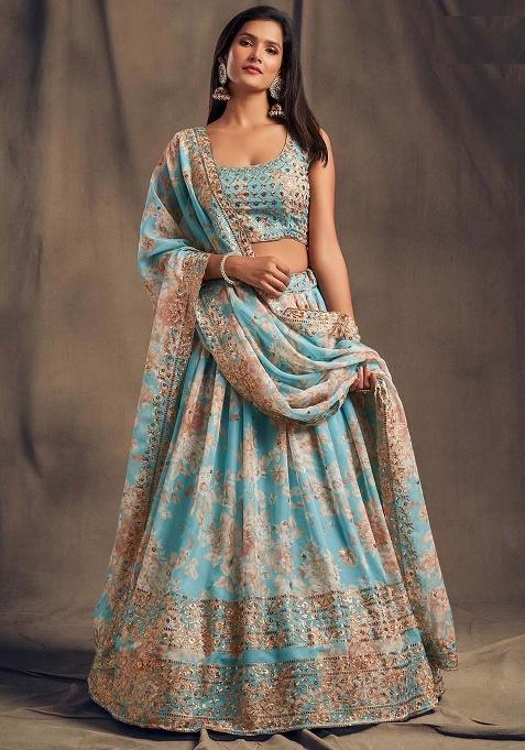 Sky Blue Embroidery Organza Lehenga Set