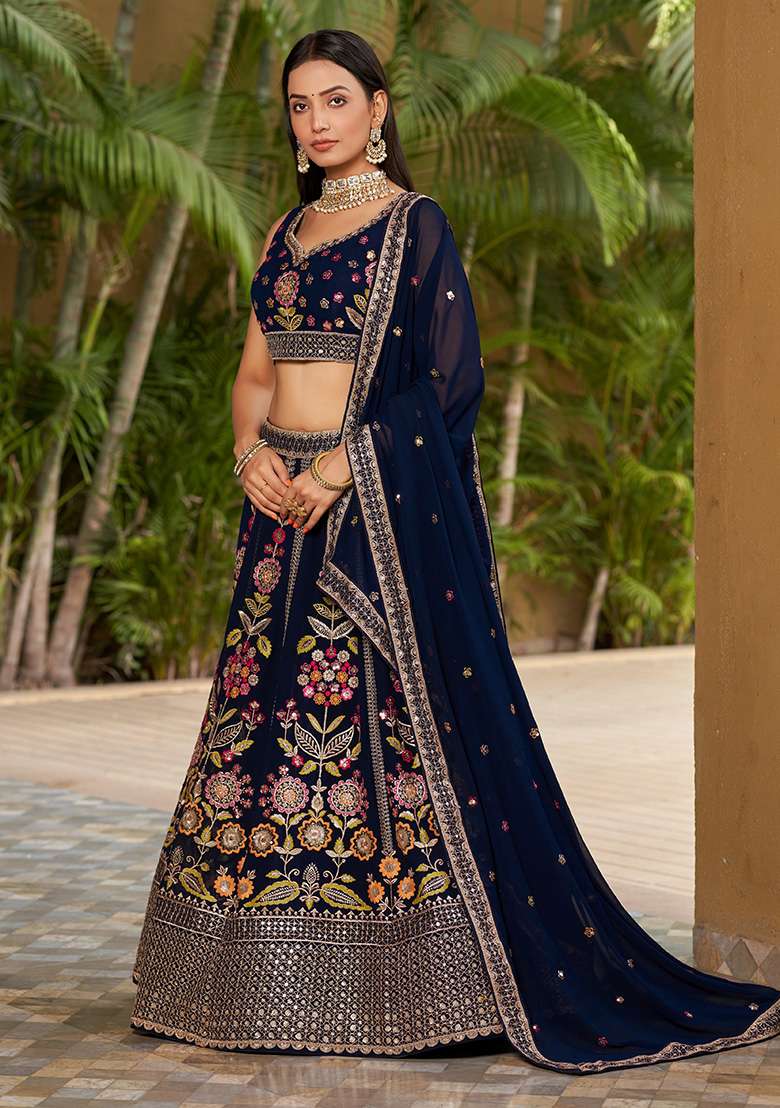 Blue Embroidery Georgette Lehenga Set for Diwali and Festive Wear - Indya