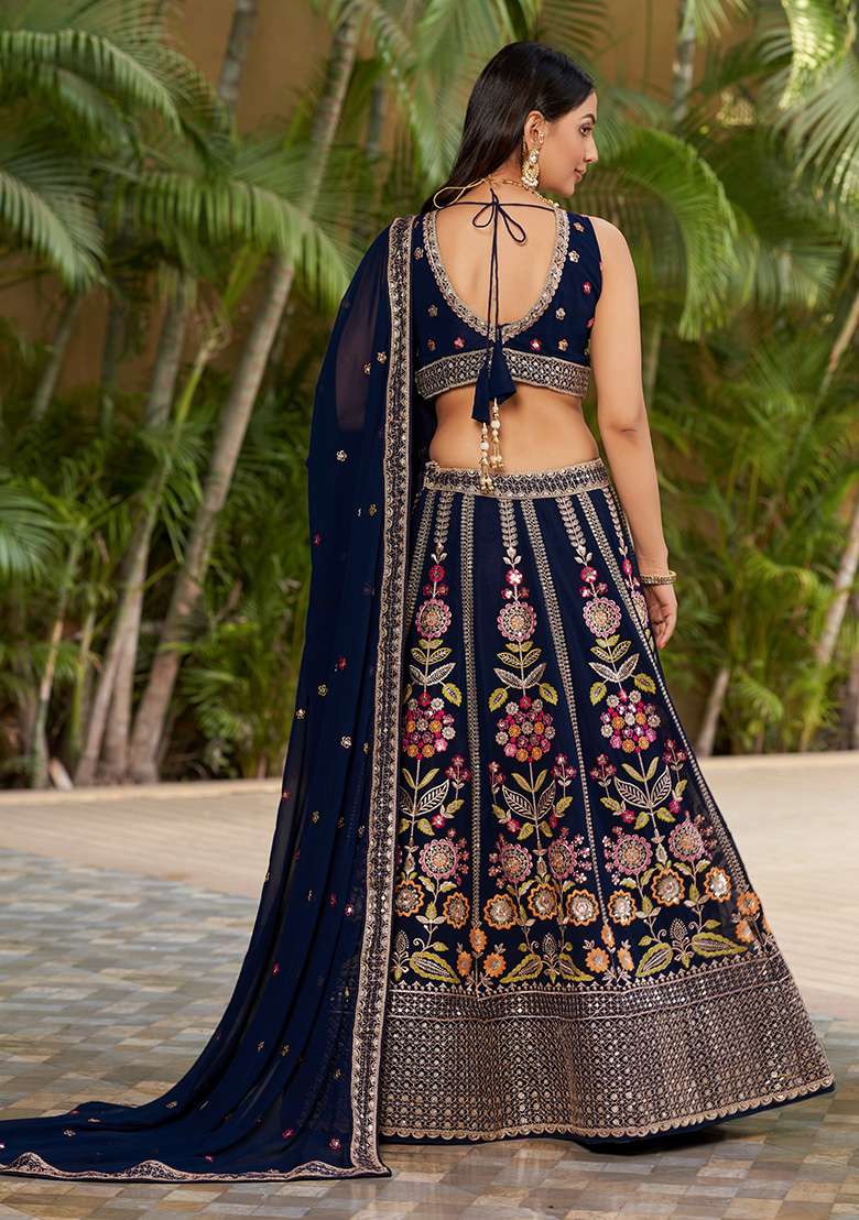 Blue Embroidery Georgette Lehenga Set for Diwali and Festive Wear - Indya