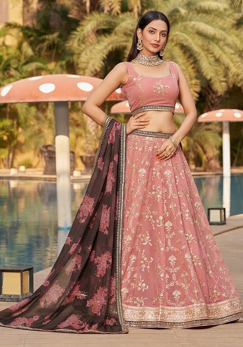 Dusty Pink Embroidery Georgette Lehenga Set