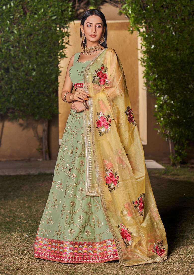 Pista Green Embroidery Georgette Lehenga Set for Diwali and Festive Wear - Indya